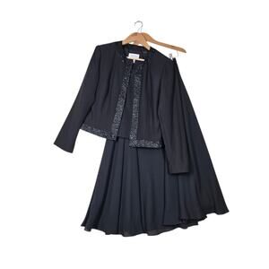 VTG Talbots 3 pc Suit Beaded Top Jacket Flowy Maxi Skirt sz 10 Black Dressy